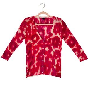 Ann Taylor Pink Ikat Tie Dye V-Neck Cardigan Sweater Womens XS 3/4 Sleeve Knit